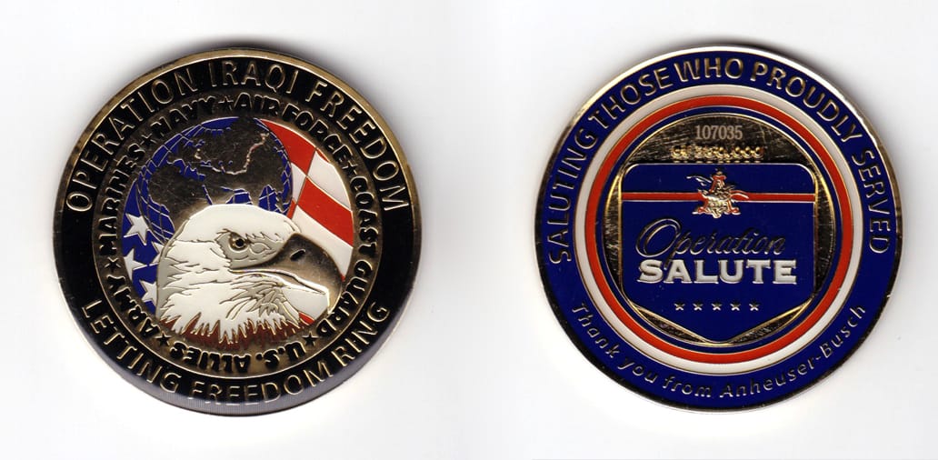 Round shaped coin, gold in color, 2 inches in diameter.