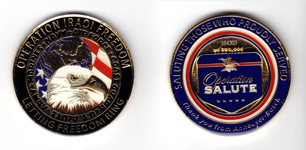 Round shaped coin, gold in color, 2 inches in diameter.