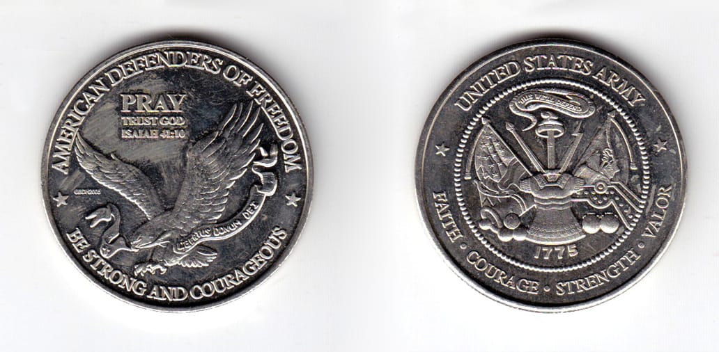 Round shaped coin, silver in color, 1 1/2 inches in diameter.