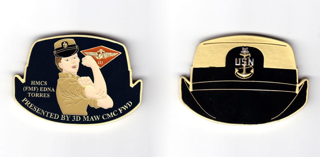 Coin is shaped like a US Navy female dress cap, antique brass in color, 1 27/32 inches high x 2 23/64 inches wide.