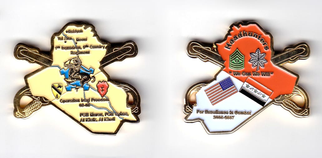 Coin outline is the shape of the map of Iraq with crossed sabers in scabbards behind and extending beyond both left and ...