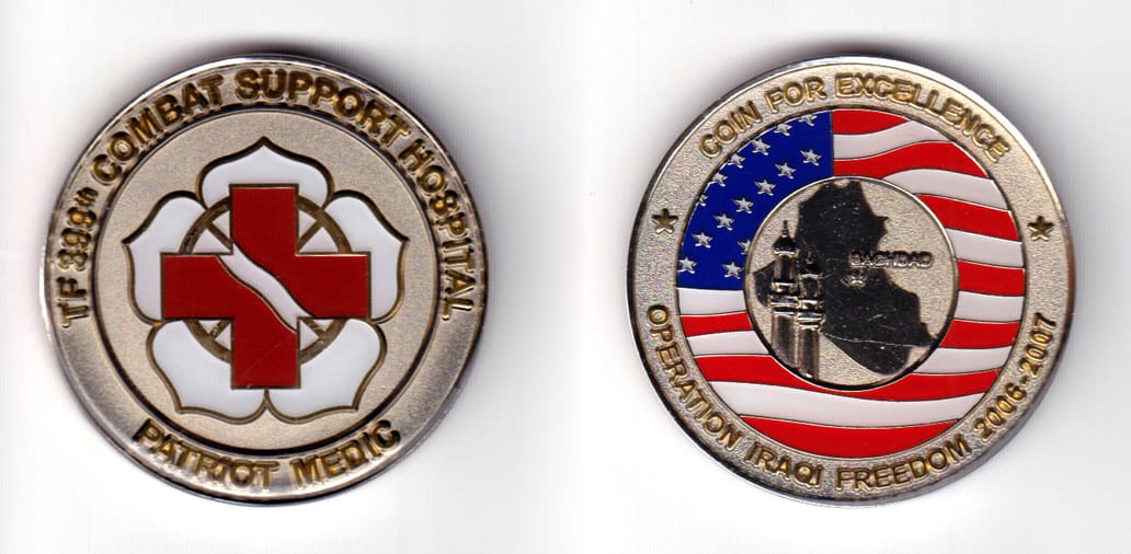 Round shaped coin, pewter in color, 1 3/4 inches in diameter.