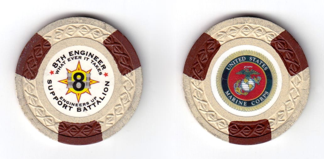 Round shaped poker chip, tan in color, 1 35/64 inches in diameter.