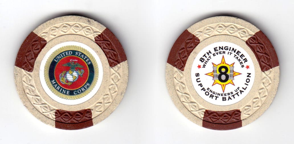 Round shaped poker chip, tan in color, 1 35/64 inches in diameter.