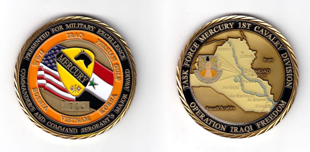 Round shaped coin, brass in color, 2 29/64 inches in diameter.