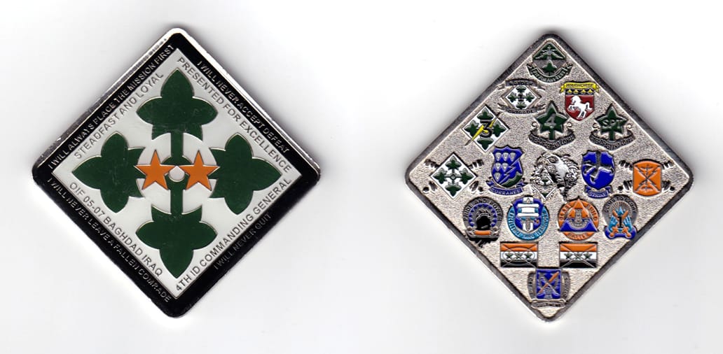 Square shaped coin with corners facing North, East, South & West, pewter in color, 2 11/16 inches high x 2 11/16 inches ...