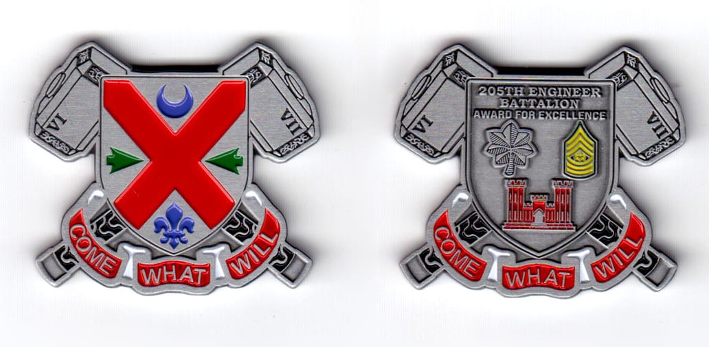 Shield shaped coin with crossed hammers behind and extending beyond at all four corners and a ribbon banner below, pewte...