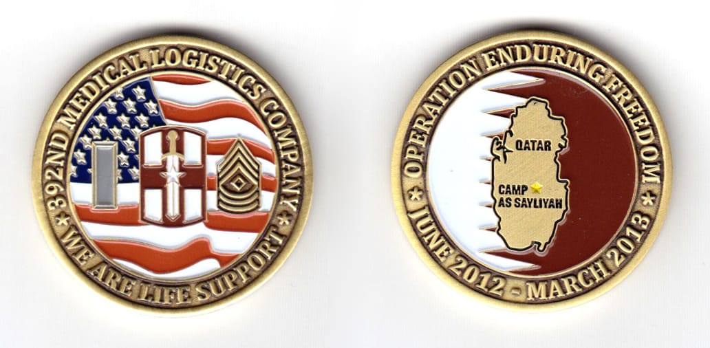 Round shaped coin, brass in color, 1 1/2 inches in diameter.