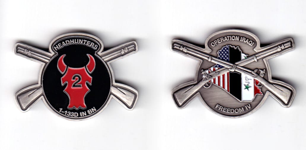 Round shaped coin with banner above and crossed rifles behind and extending beyond, pewter in color, 1 13/32 inches high...