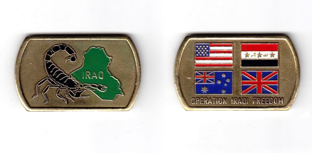 Dog shaped coin, antique brass in color, 1 9/32 inches high x 2 5/32 inches wide.