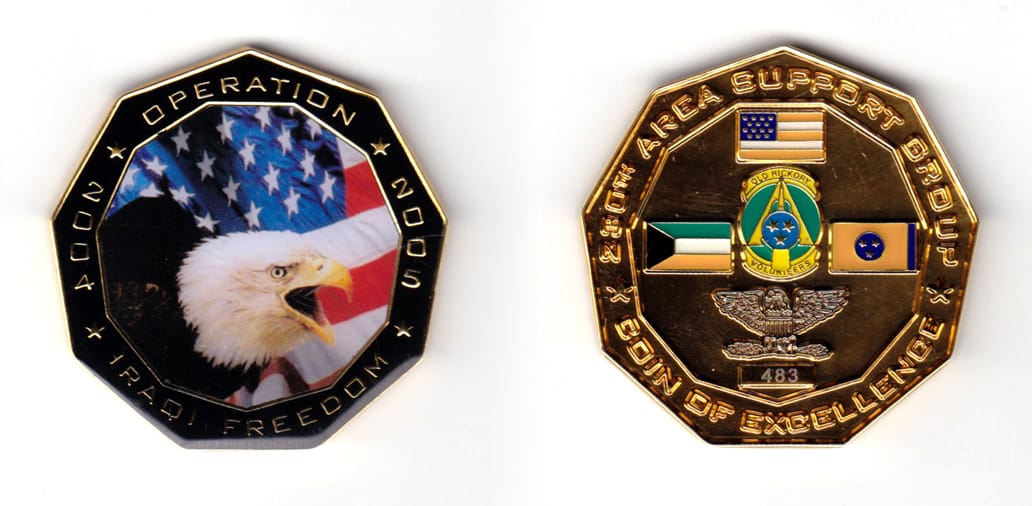 Octogon shaped coin, brass in color, 1 63/64 inches high x 1 31/32 inches wide.