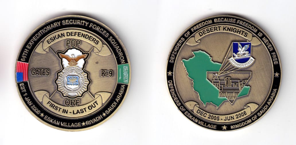 Round shaped coin, antique brass in color, 2 inches in diameter.