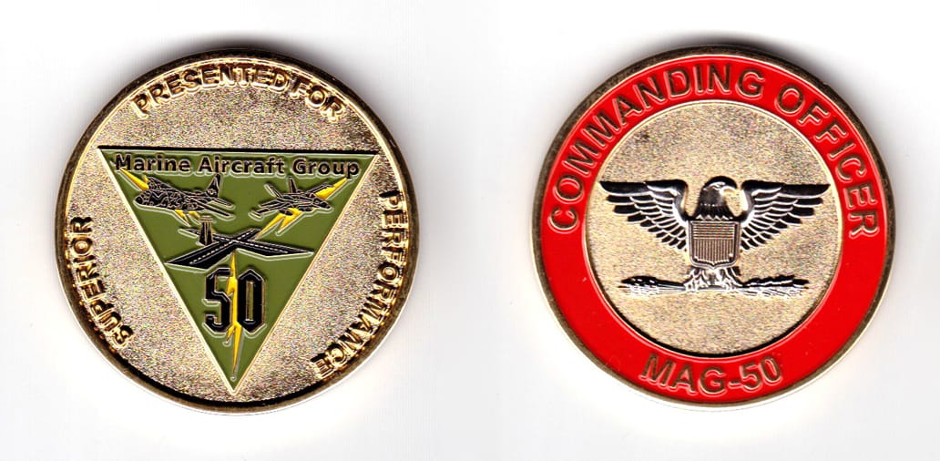 Round shaped coin, brass in color, 1 48/64 inches in diameter.