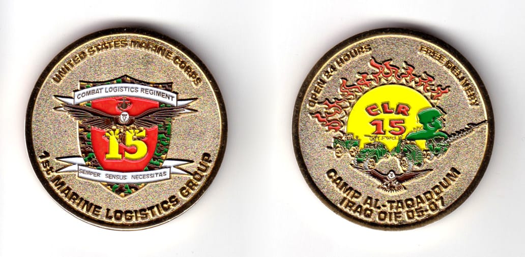 Round shaped coin, brass in color, 1 49/64 inches in diameter.