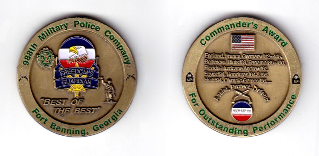 Round shaped coin, antique brass in color, 1 35/64 inches in diameter.