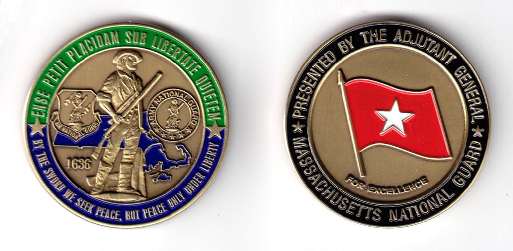 Round shaped coin, antique brass in color, 1 44/64 inches in diameter.