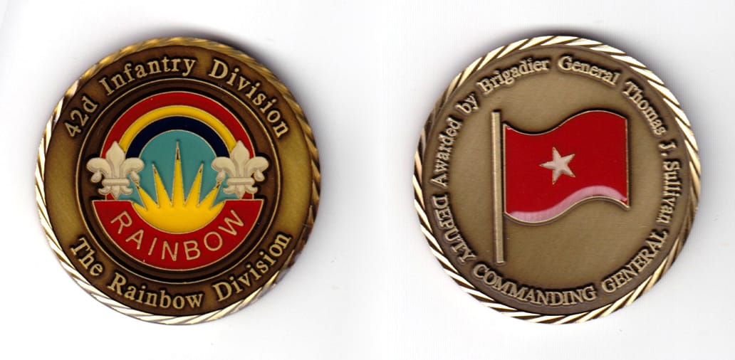 Round shaped coin, antique brass in color, 1 25/32 inches in diameter.