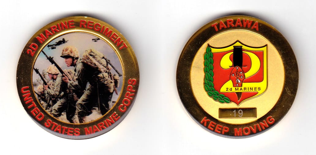 Round shaped coin, brass in color, 1 3/4 inches in diameter.