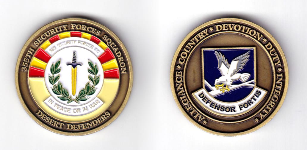 Round shaped coin, antique brass in color, 1 37/64 inches in diameter.