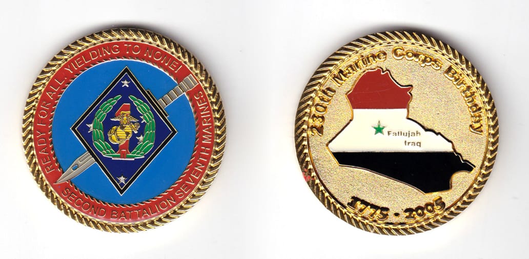 Round shaped coin, brass in color, 1 63/64 inches in diameter,