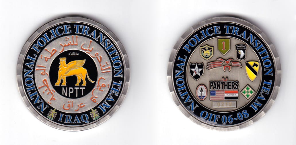 Round shaped coin, pewter in color, 2 1/64 inches in diameter.