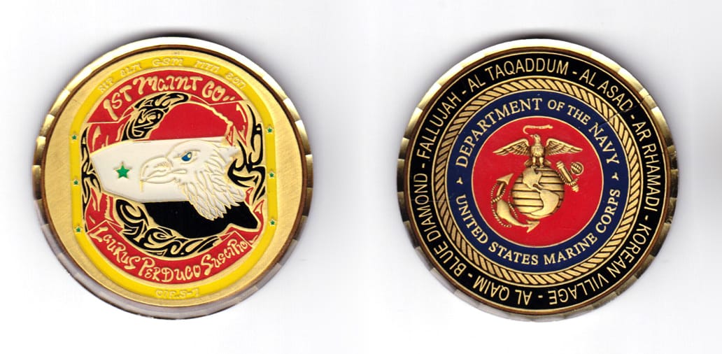 Round shaped coin, antique brass in color, 2 1/64 inches in diameter.