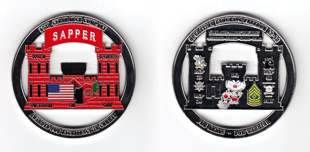 Round shaped coin, pewter in color, 3 inches in diameter.