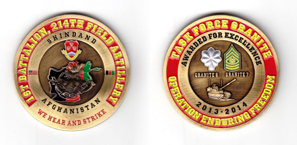 Round shaped coin, brass in color, 2 1/64 inches in diameter.