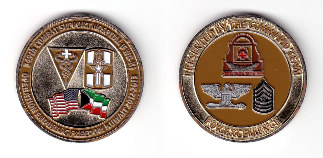 Round shaped coin, brass in color, 2 inches in diameter.