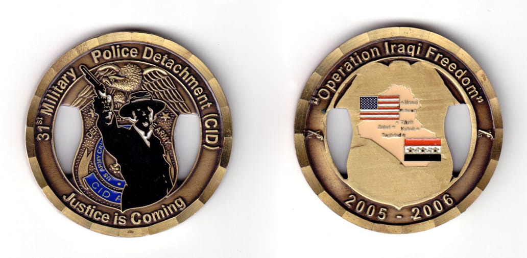 Round shaped coin, brass in color, 1 63/64 inches in diameter.