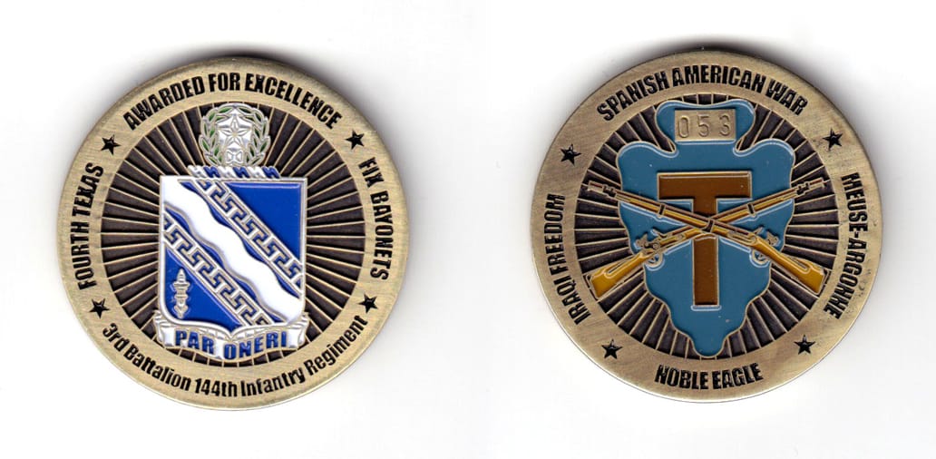 Round shaped coin, antique brass in color, 1 49/64 inches in diameter.