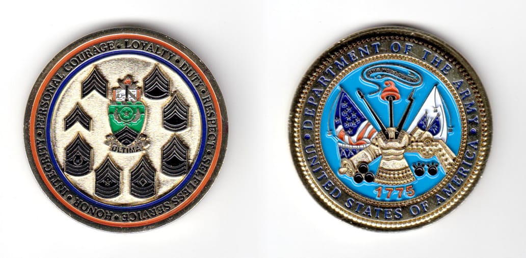 Round shaped coin, brass in color, 1 3/4 inches in diameter.