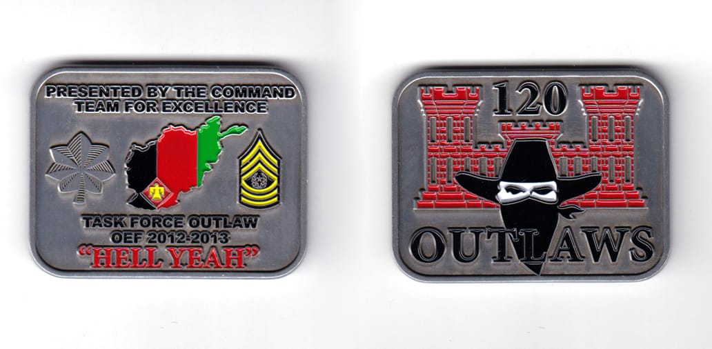 Rectangular shaped coin, pewter in color, 1 43/64 inches high x 2 13/64 inches wide.