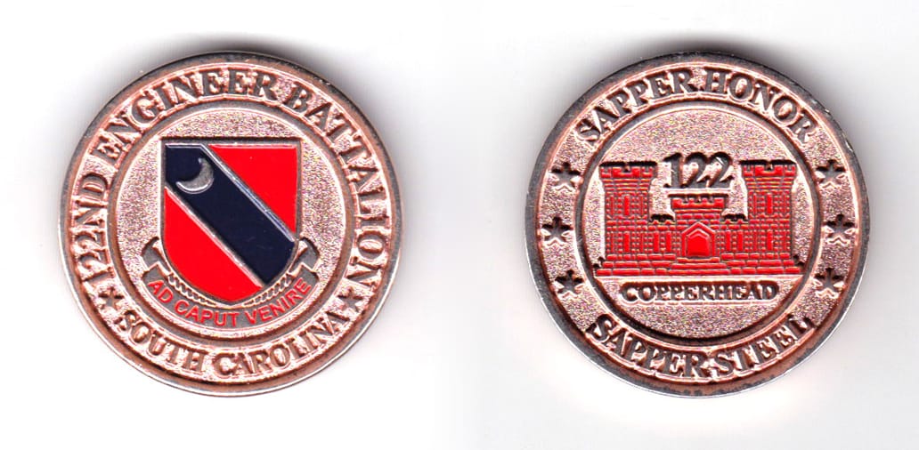 Round shaped coin, copper in color, 1 1/2 inches in diameter.