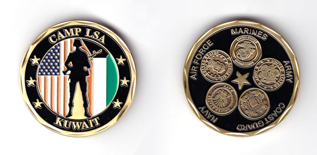 Round shaped coin, brass in color, 1 5/8 inches in diameter.