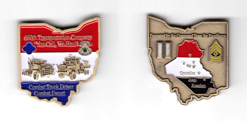 Ohio shaped coin, antique brass in color, 1 5/8th inches high x 1 31/64 inches wide.