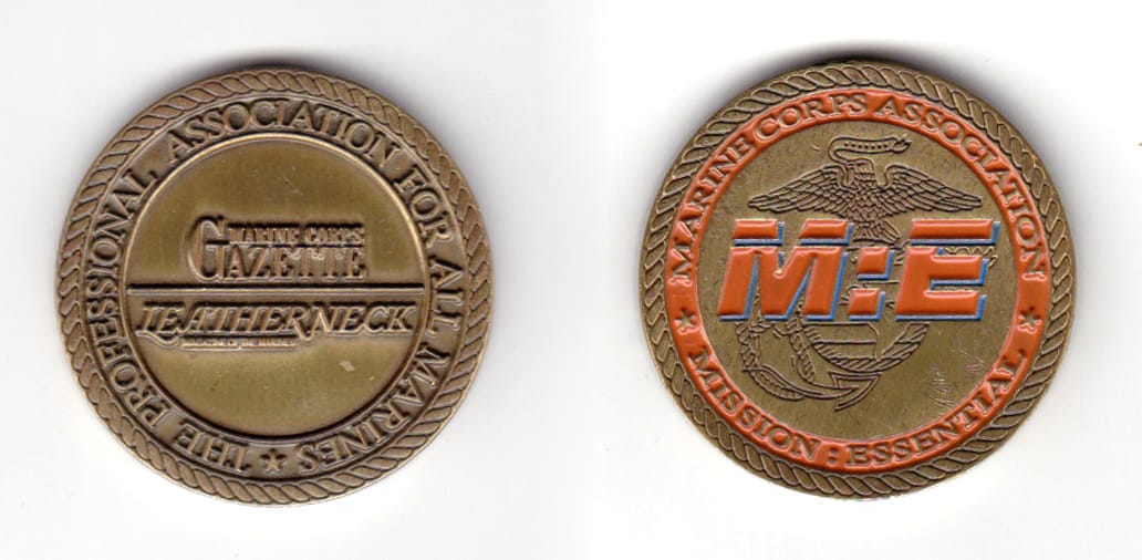 Round shaped coin, antique brass in color, 1 31/64 inches in diameter.