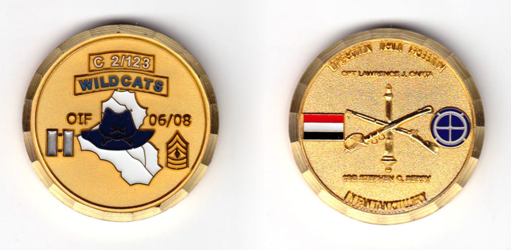 Round shaped coin, gold in color, 1 1/2 inches in diameter.