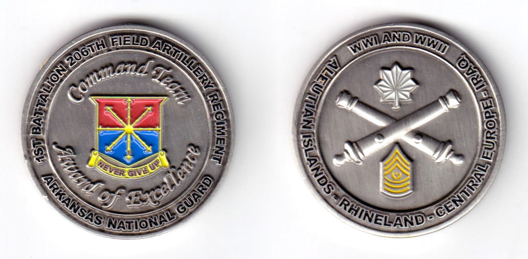 Round shaped coin, pewter in color, 1 31/64 inches in diameter.