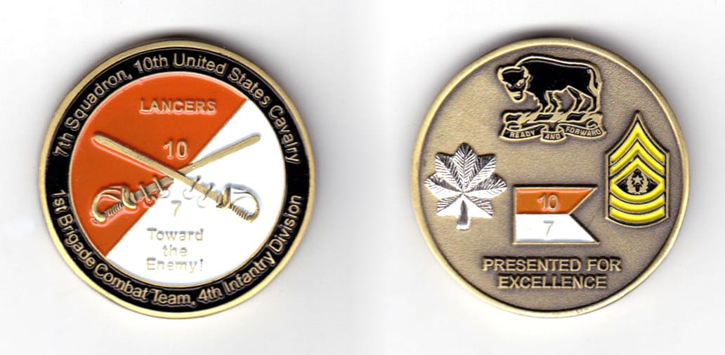 Round shaped coin, antique brass in color, 1 31/64 inches in diameter.