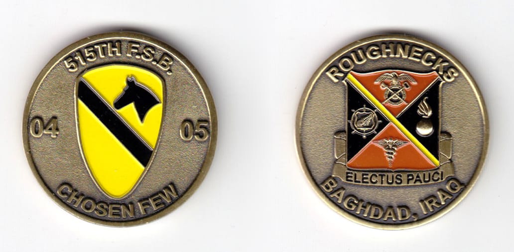 Round shaped coin, brass in color, 1 33/64 inches in diameter.