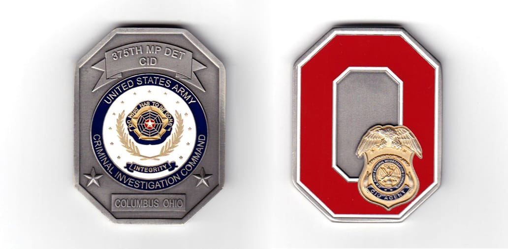 Rectangular shaped coin with all corners straight cut (making a stylized "O" for Ohio), pewter in color, 2 17/64 inches ...