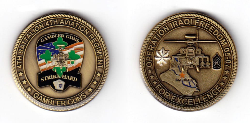 Round shaped coin, antique brass in color, 1 31/64 inches in diameter.