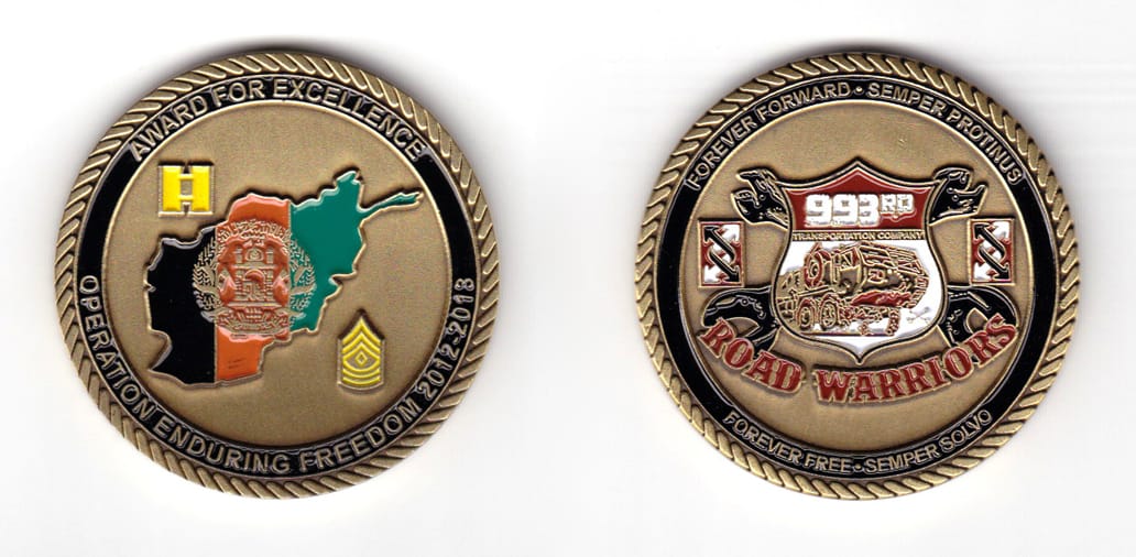 Round shaped coin, antique brass in color, 2 inches in diameter.