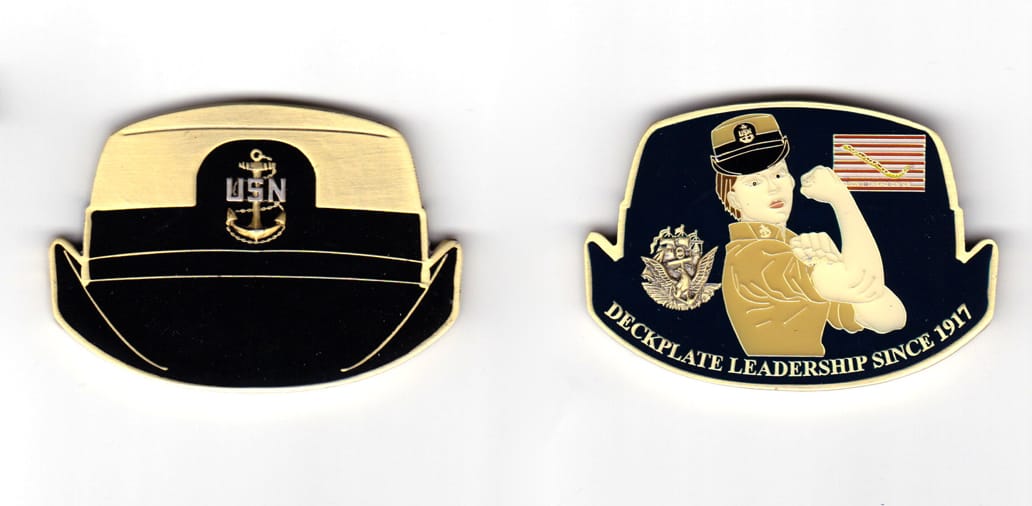Coin is shaped like a US Navy female dress cap, brass in color,      1 21/32 inches high x 2 3/8 inches wide.