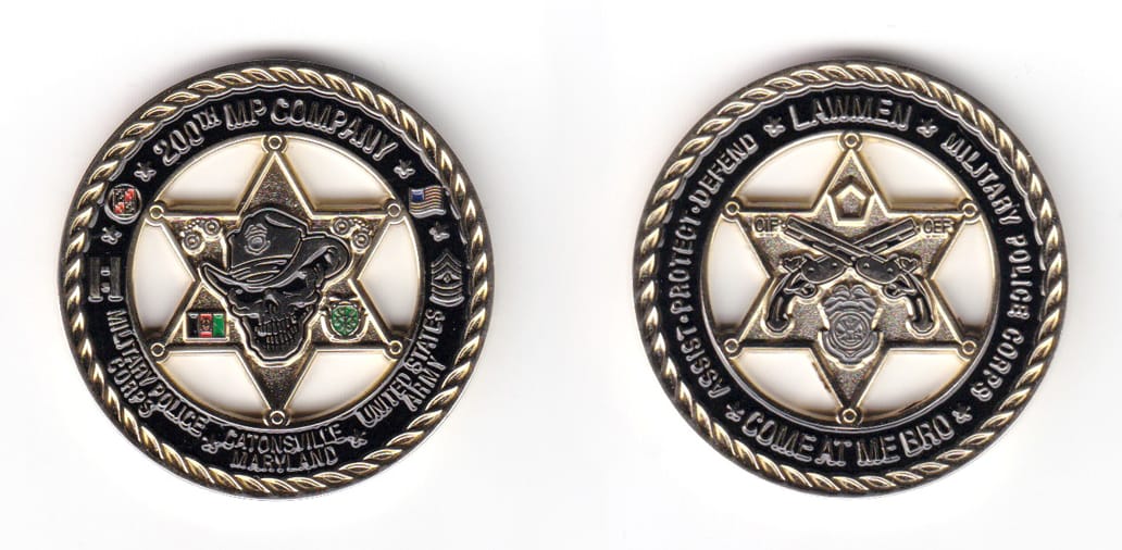 Round shaped coin, brass in color, 1 3/4 inches in diameter.