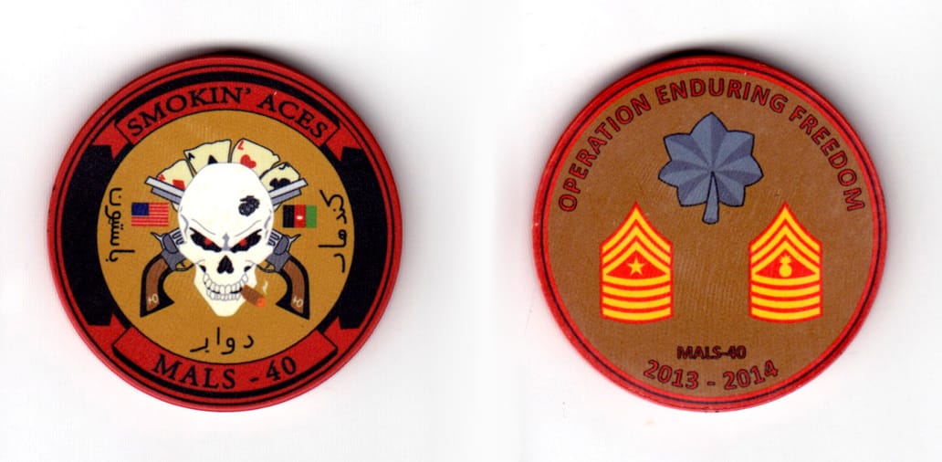 Round shaped poker chip, red in color, 1 23/32 inches in diameter.