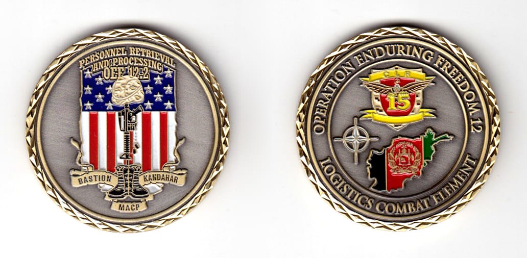 Round shaped coin, brass in color, 1 3/4 inches in diameter.