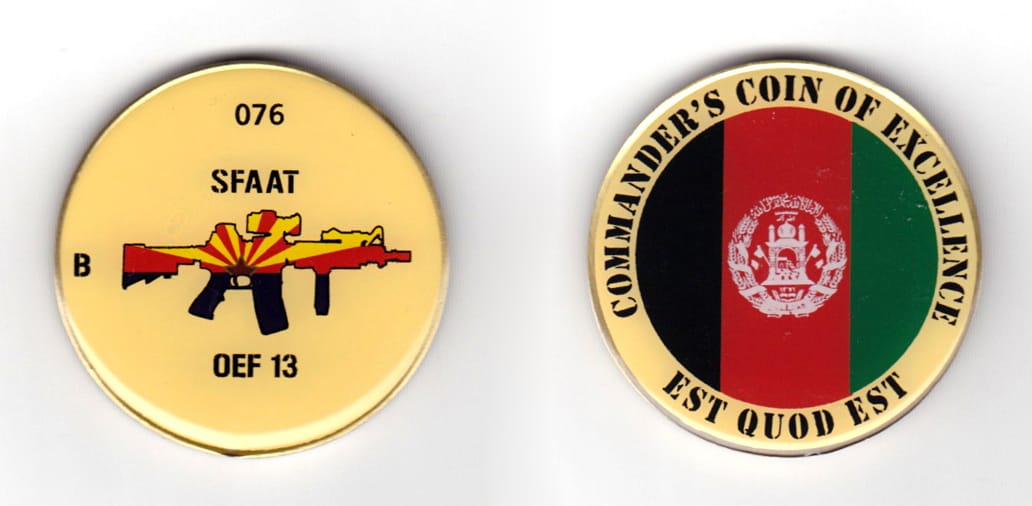 Round shaped coin, antique brass in color, 1 47/64 inches in diameter.