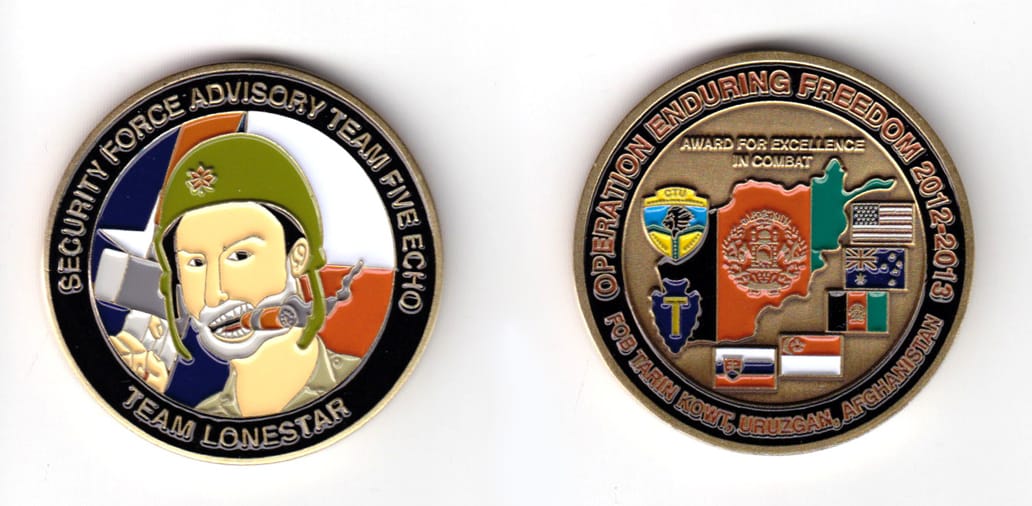 Round shaped coin, antique brass in color, 1 3/4 inches in diameter.